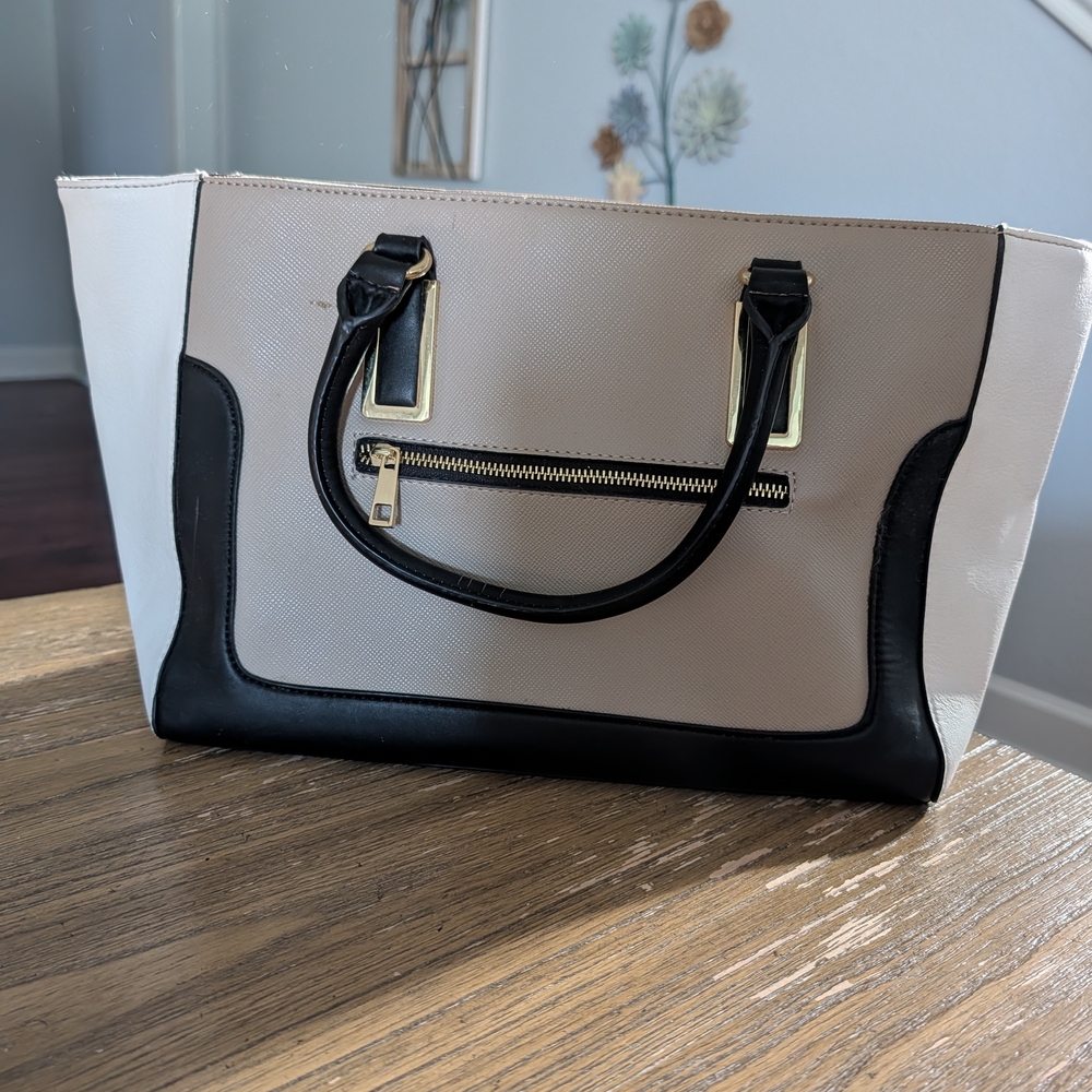 MSGM Black, Cream & White Structured Tote with Gold Hardware
